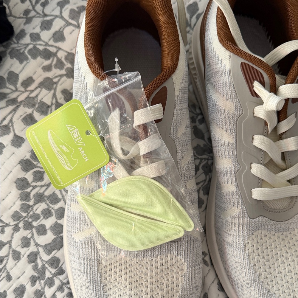 Neutral Knit Athletic Sneakers with Brown Trim